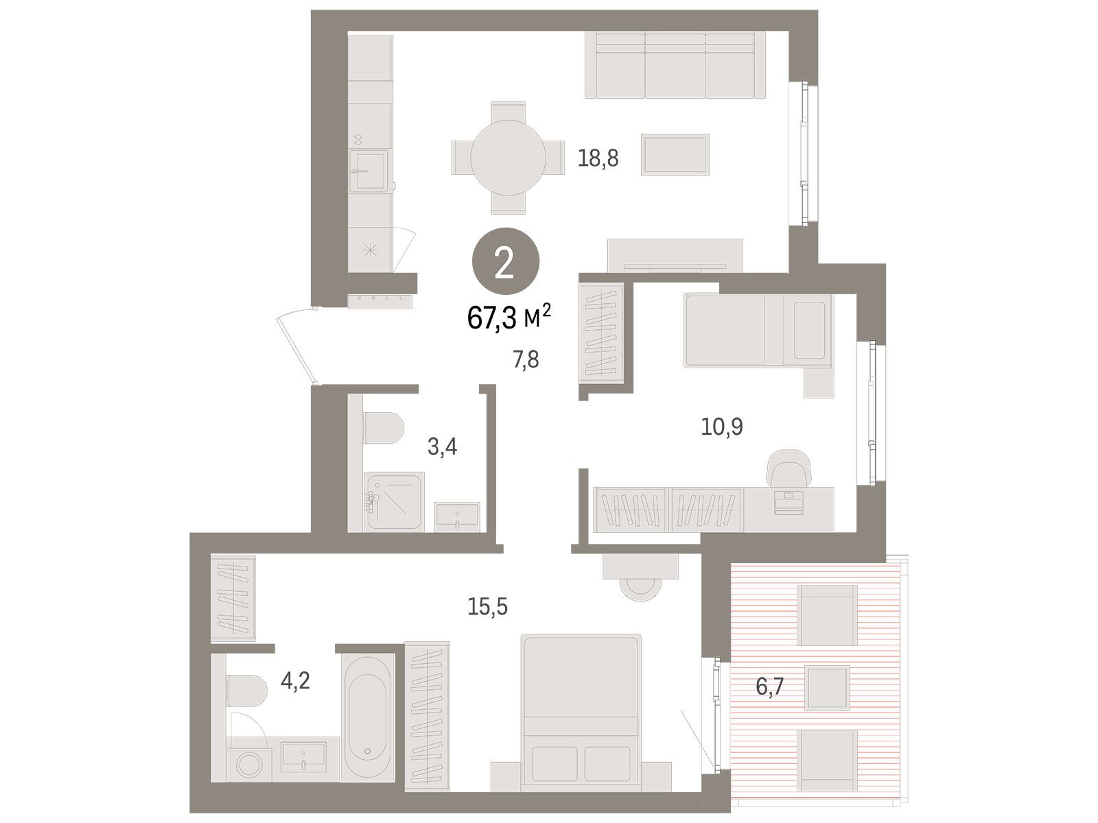 Планировка: 2-комн. квартира 67.30 м² в новостройке Брусника в Новоселье