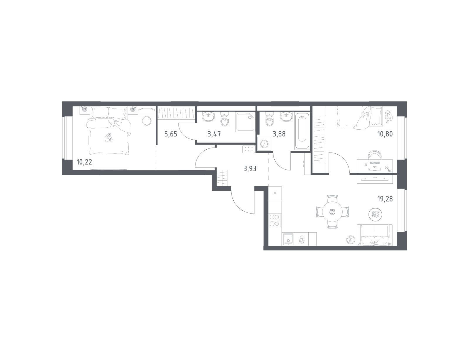 Планировка: 2-комн. квартира 57.23 м² в новостройке Большое Юрлово