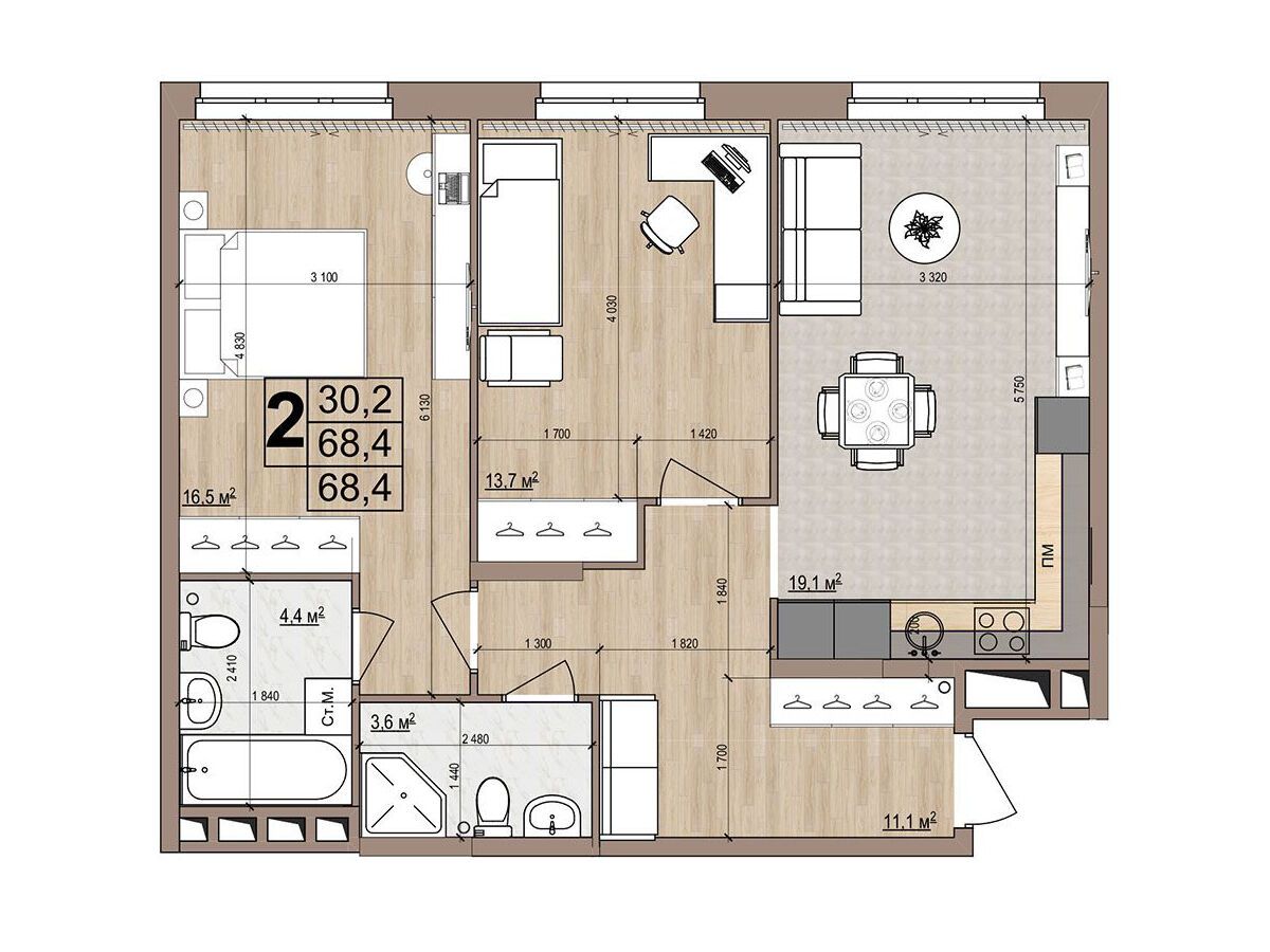 Планировка: 2-комн. квартира 68.40 м² в новостройке Гранд Комфорт