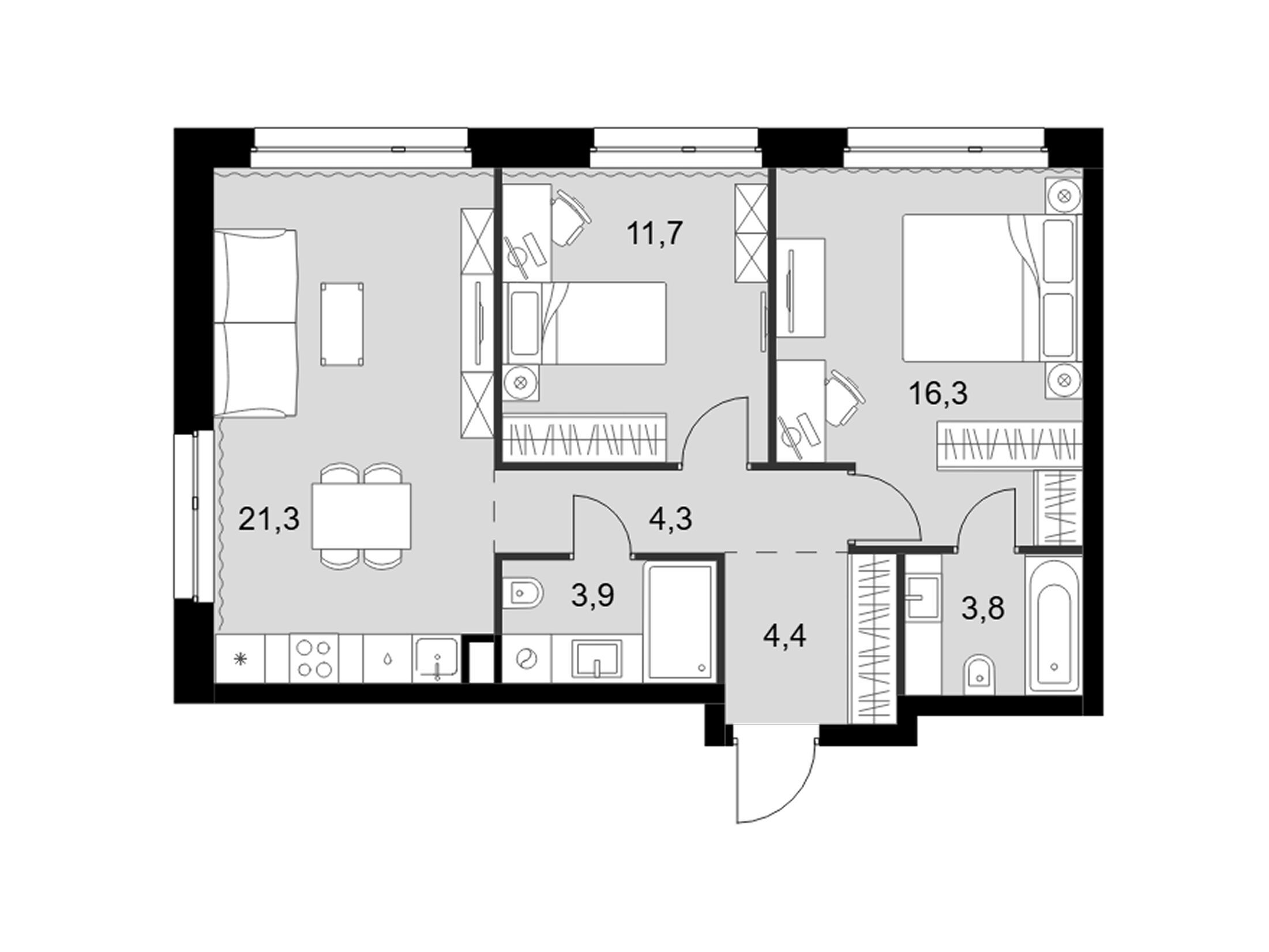 Планировка: 3-комн. квартира 65.70 м² в новостройке Симоновский вал