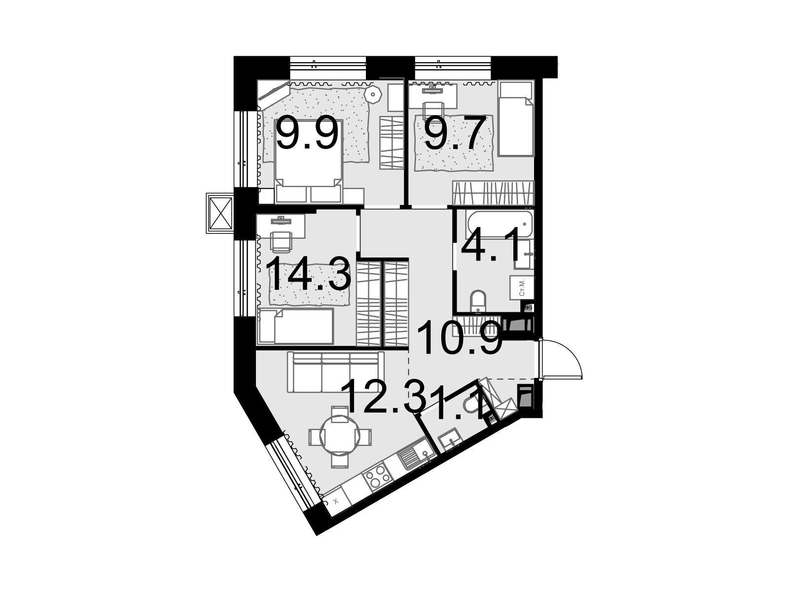 Планировка: 3-комн. квартира 60.60 м² в новостройке Малевич