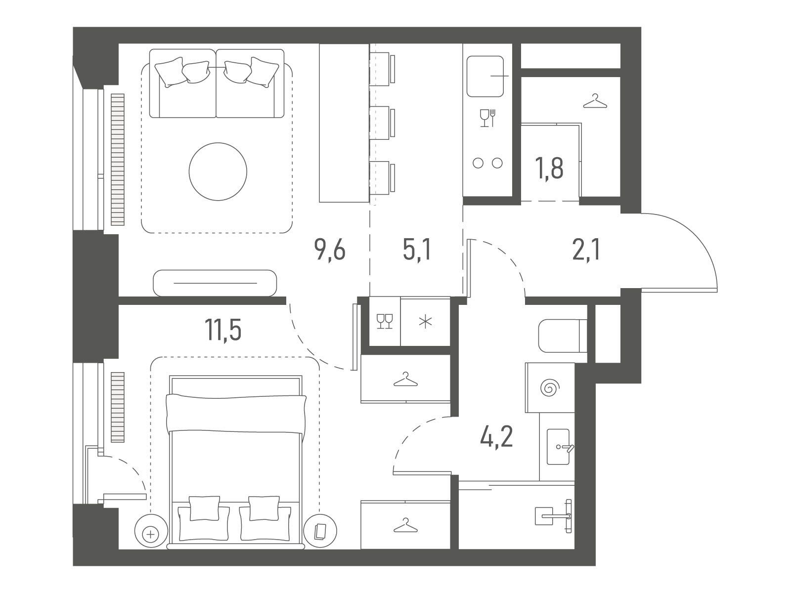 Планировка: 1-комн. квартира 34.30 м² в новостройке Среда на Лобачевского
