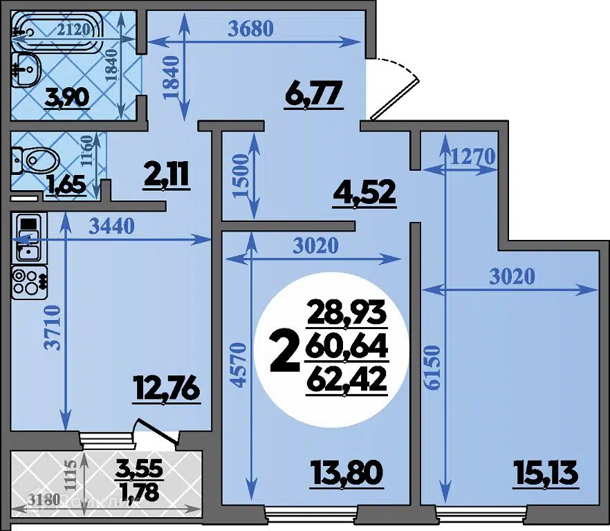 Планировка: 2-комн. квартира 62.42 м² в новостройке Молодежный 2 