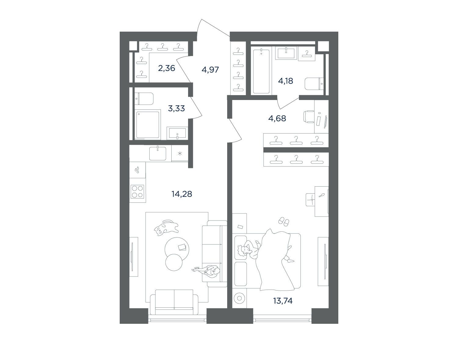 Планировка: 1-комн. квартира 47.54 м² в новостройке Ультима сити