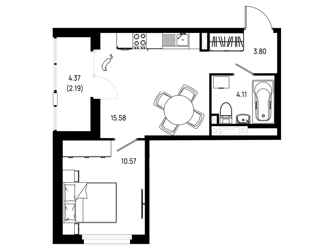 Планировка: 1-комн. квартира 36.25 м² в новостройке Имена