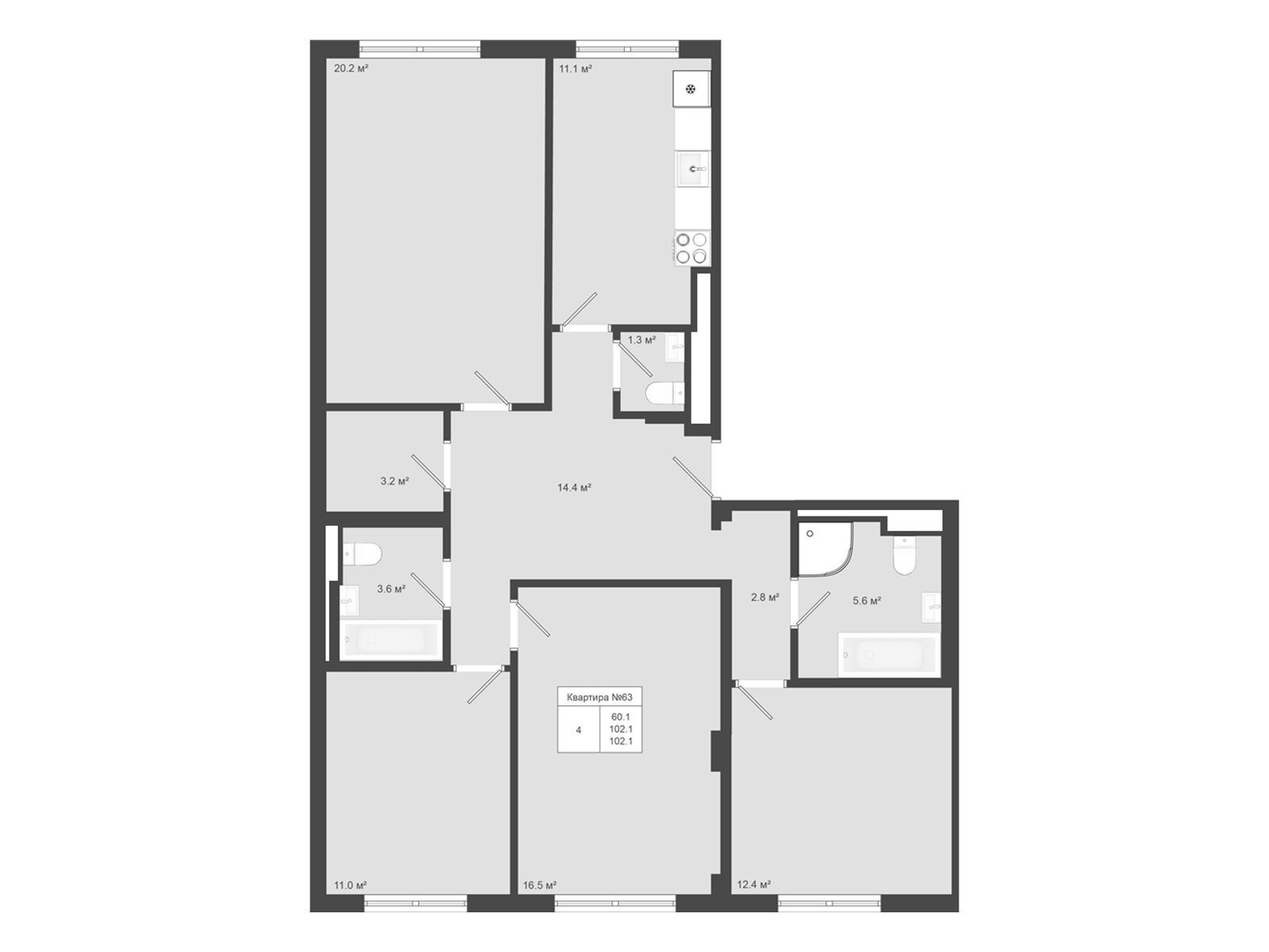 Планировка: 4-комн. квартира 102.10 м² в новостройке Яковлево