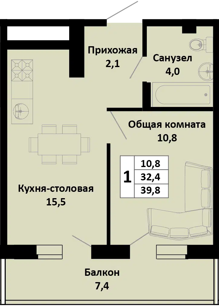 Планировка: 1-комн. квартира 40.40 м² в новостройке Южные Соседи