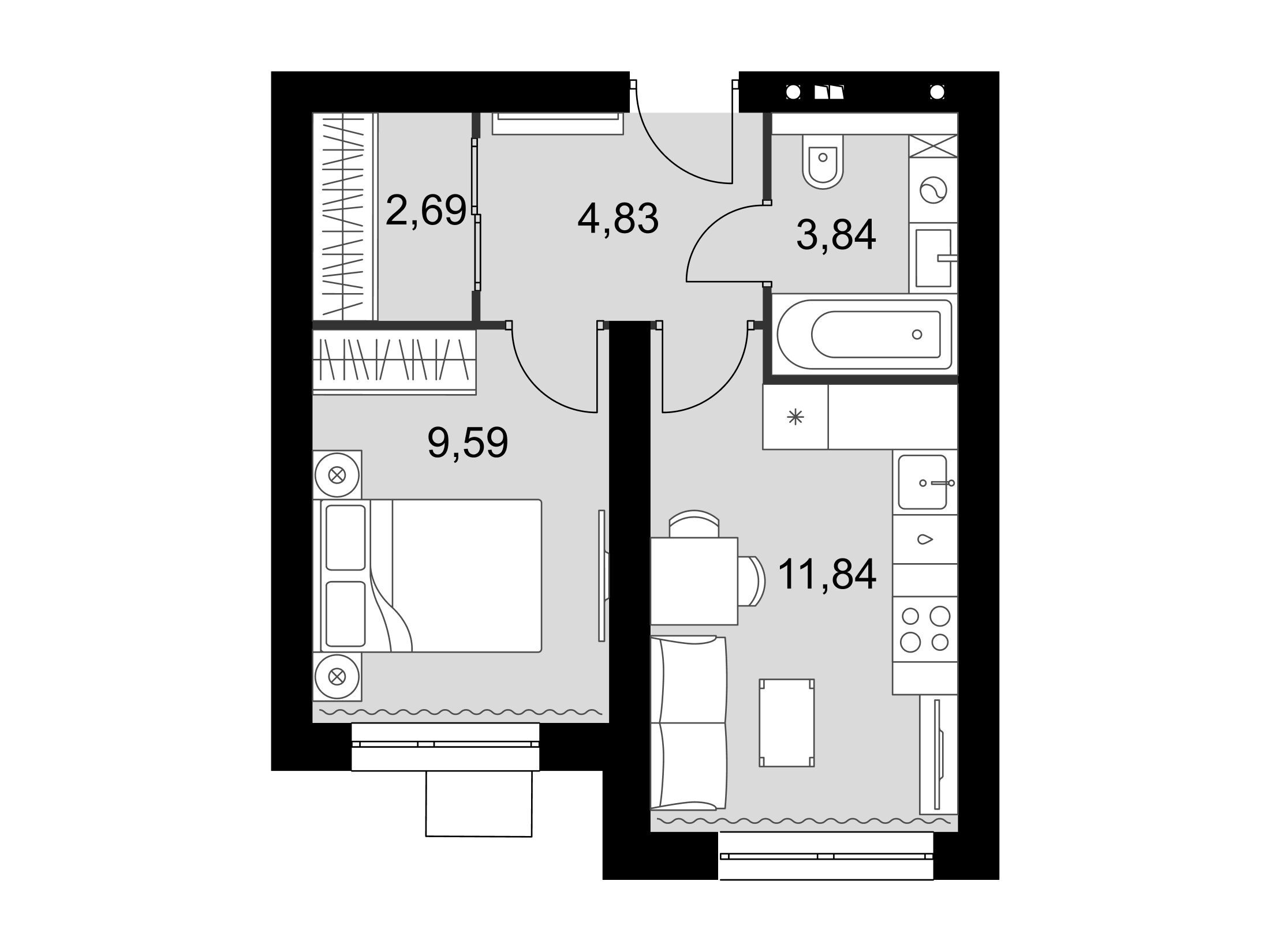 Планировка: 1-комн. квартира 32.79 м² в новостройке Мартемьяново Клаб