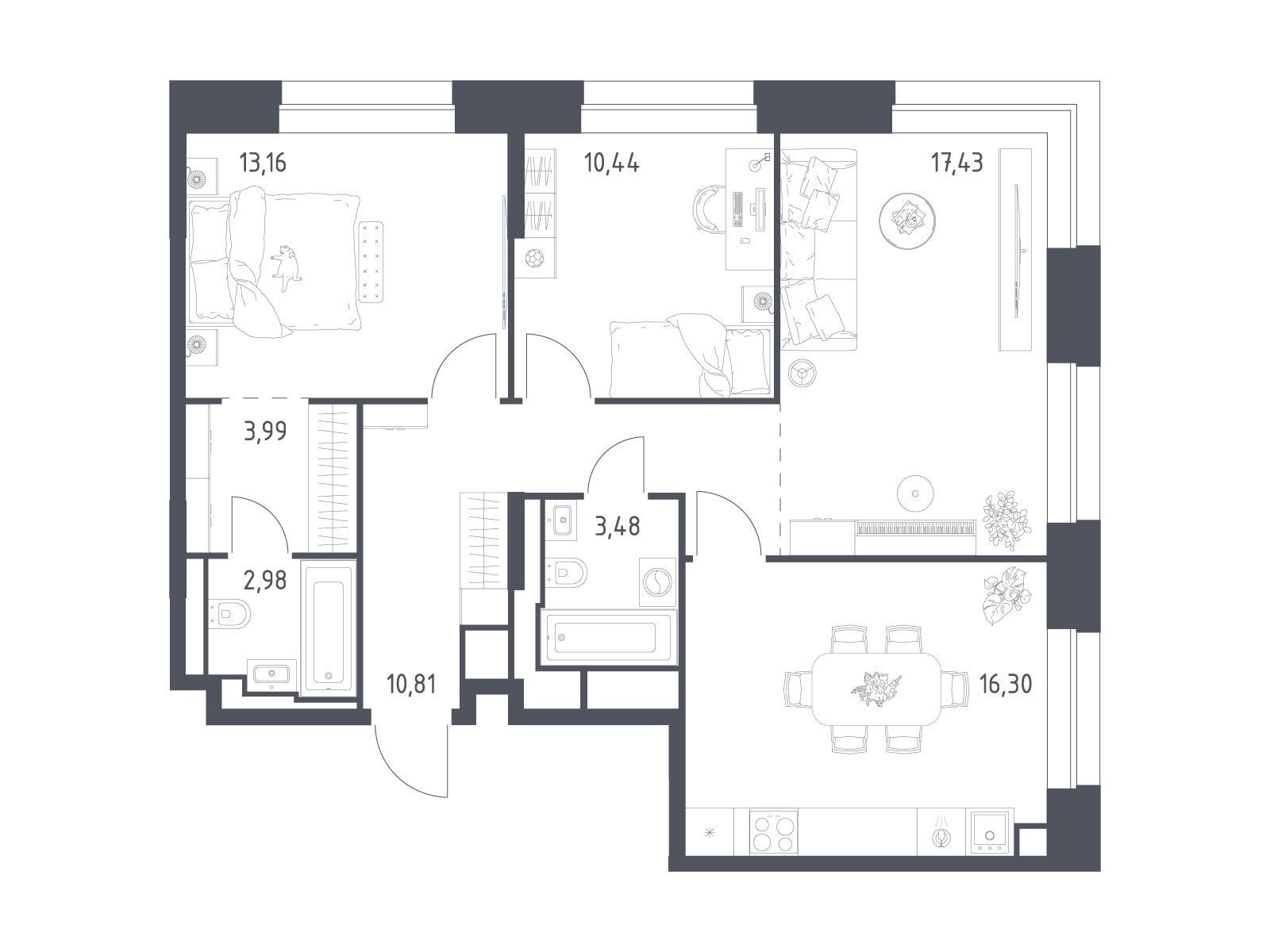 Планировка: 3-комн. квартира 78.59 м² в новостройке Верейская 41