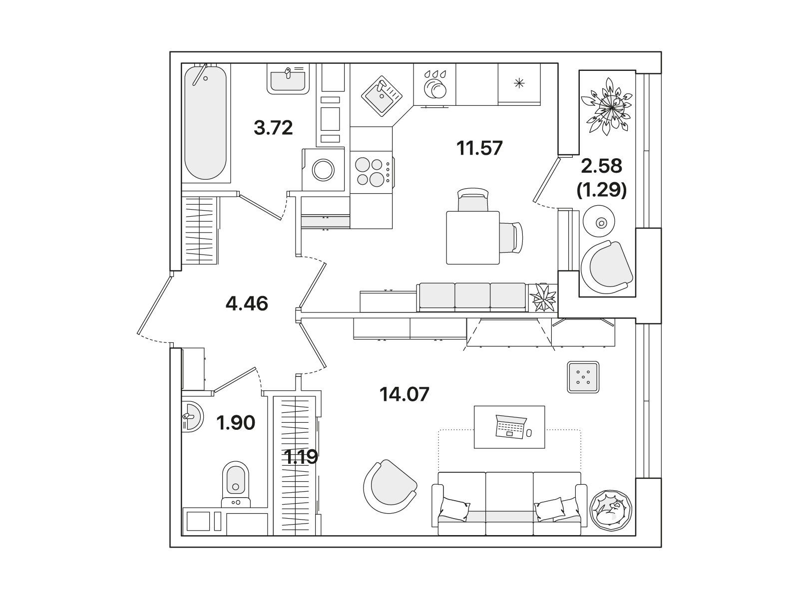 Планировка: 1-комн. квартира 38.20 м² в новостройке Академик