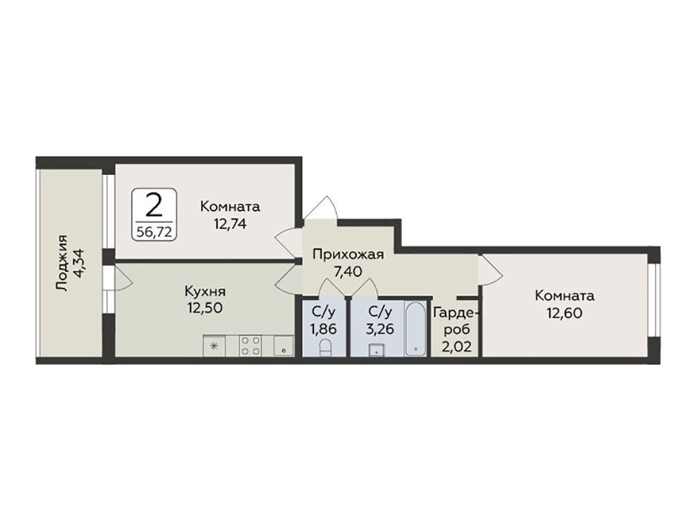 Планировка: 2-комн. квартира 56.72 м² в новостройке Панорама Юкки