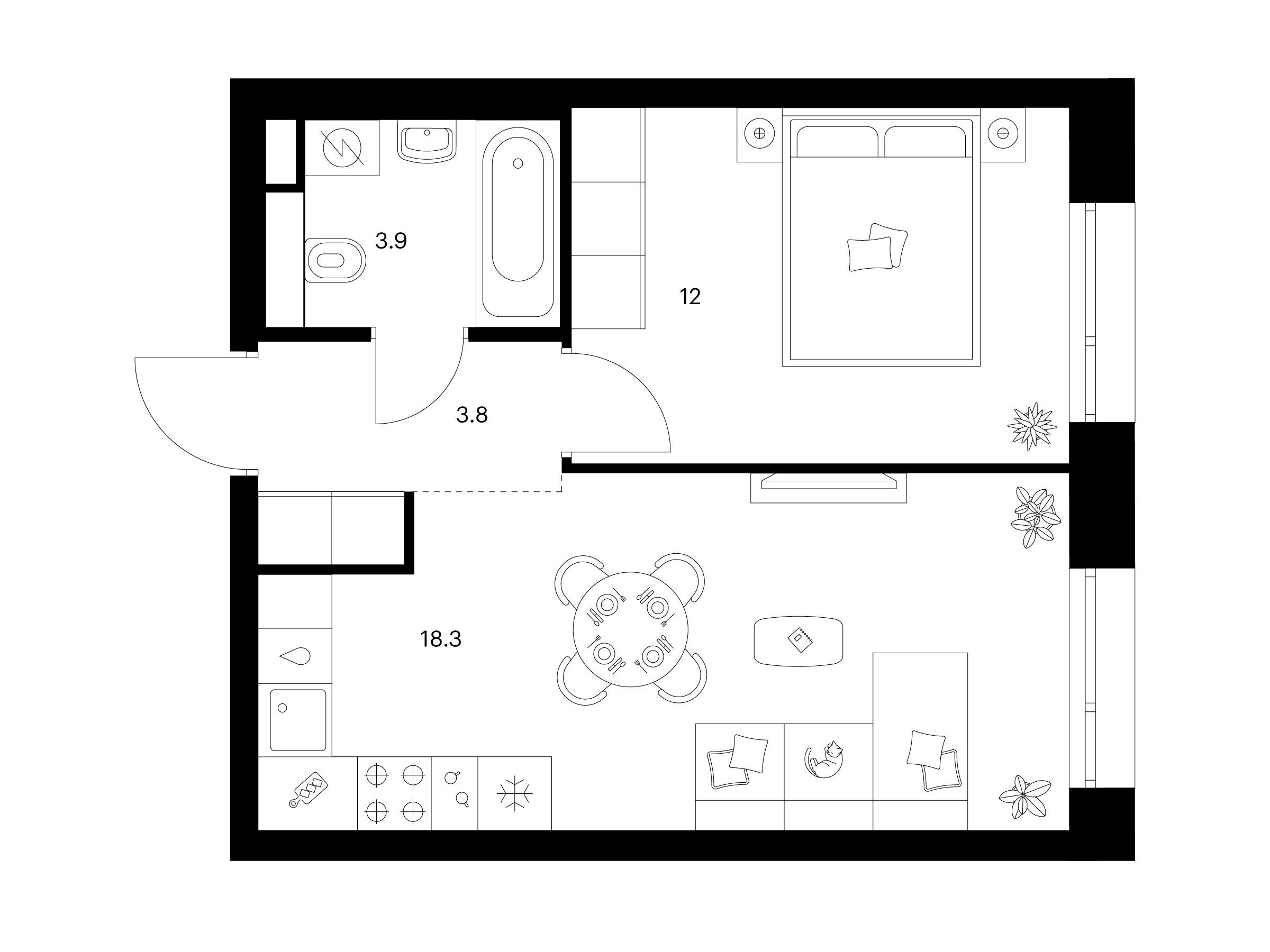 Планировка: 1-комн. квартира 38.00 м² в новостройке Середневский лес