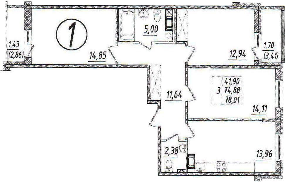 Планировка: 3-комн. квартира 78.00 м² в новостройке Ингрия Лэнд