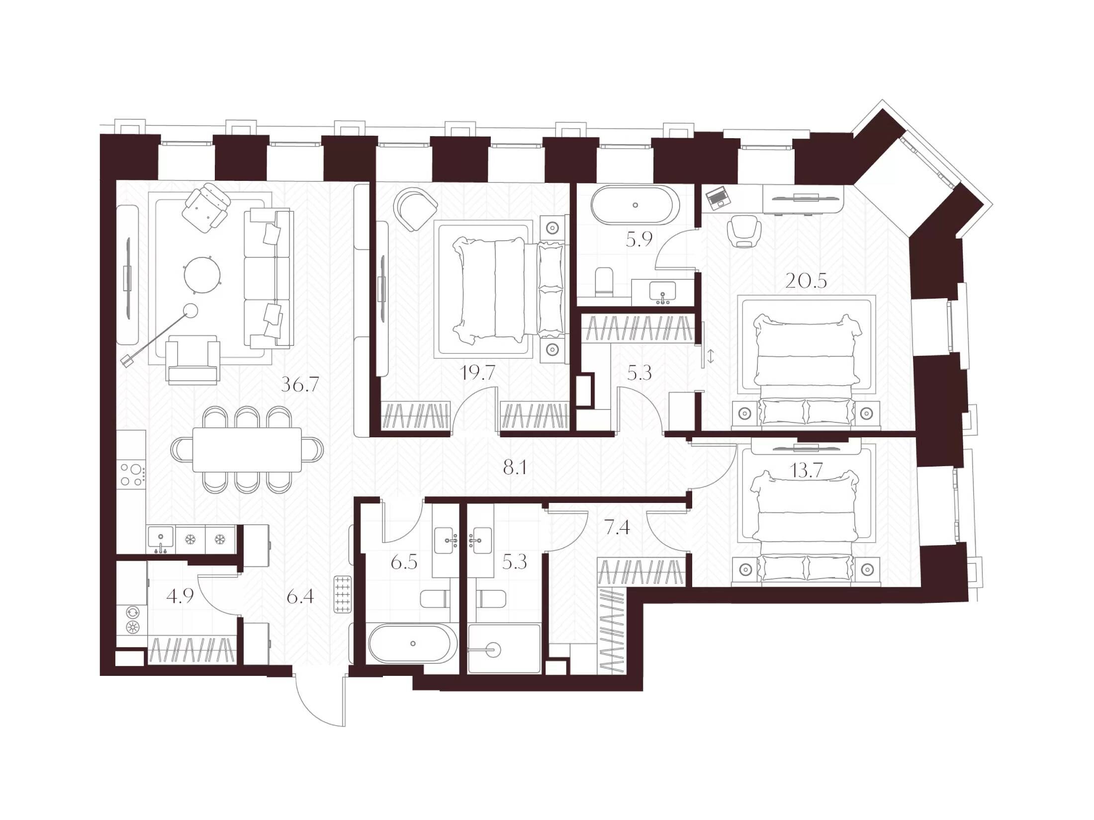 Планировка: 3-комн. квартира 140.80 м² в новостройке Климашкина 7/11