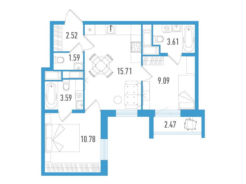 Планировка: 2-комн. квартира 47.63 м² в новостройке Южный форт