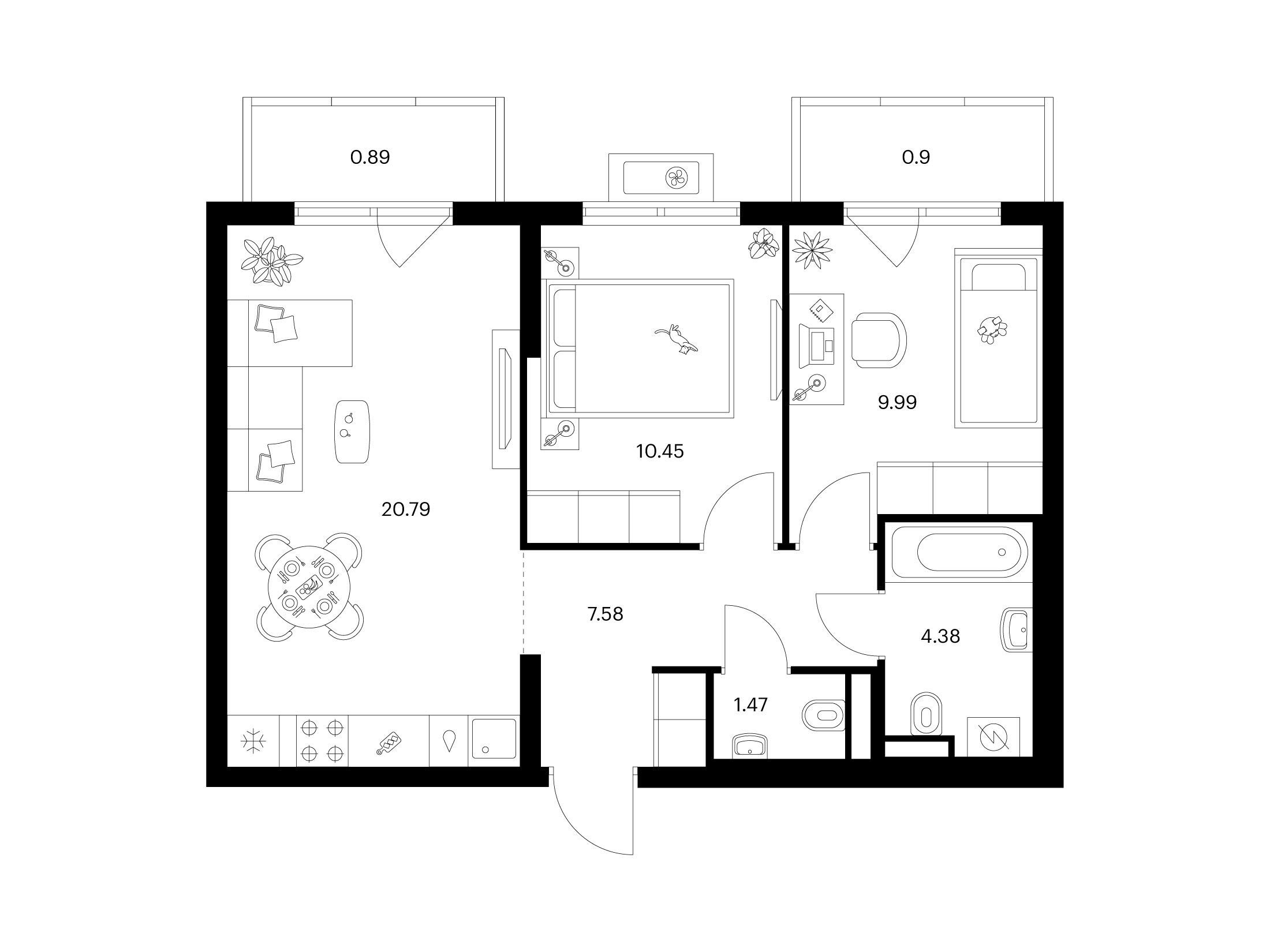 Планировка: 2-комн. квартира 56.45 м² в новостройке Заречный парк
