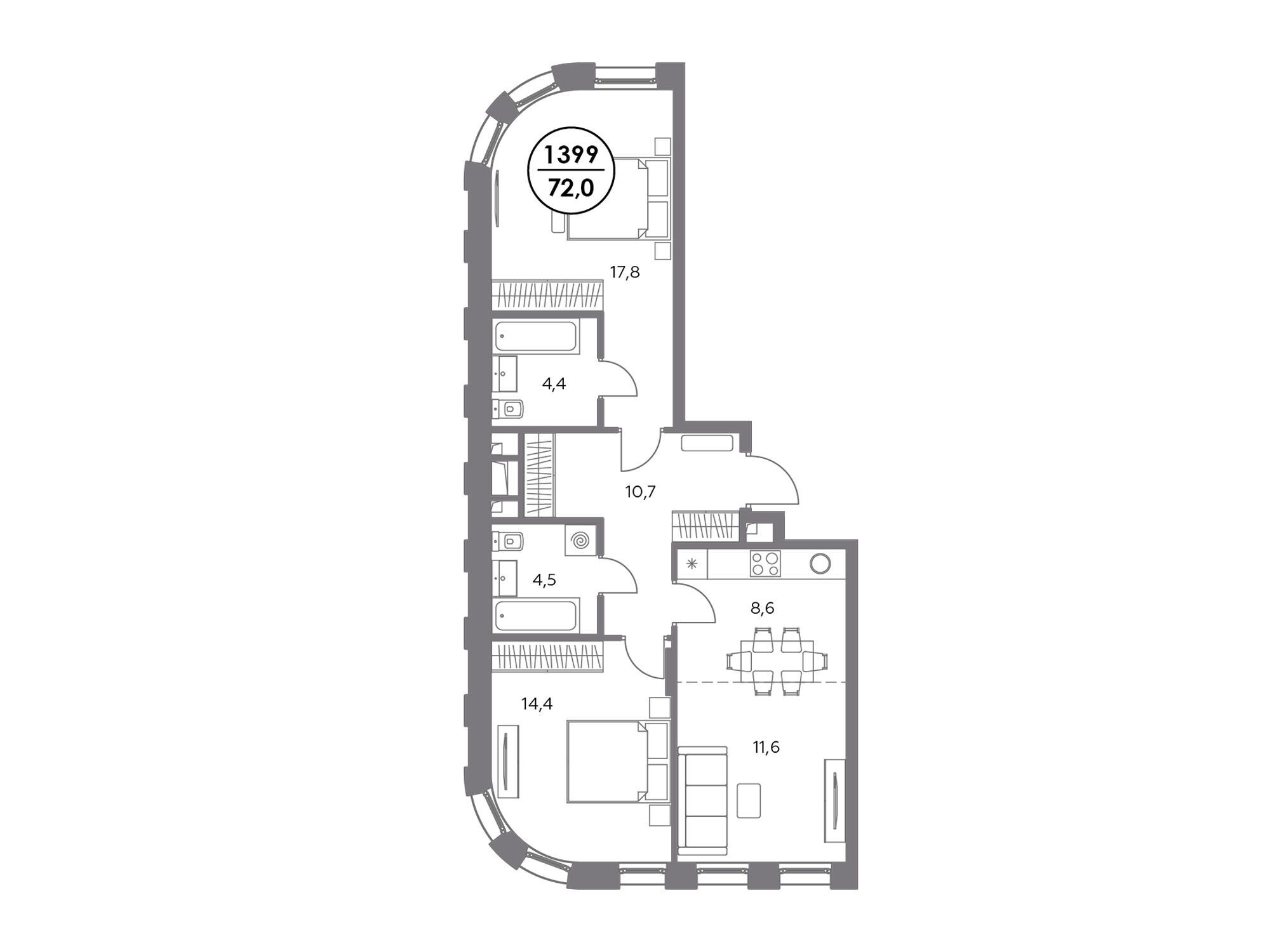 Планировка: 3-комн. квартира 72.00 м² в новостройке Адмирал