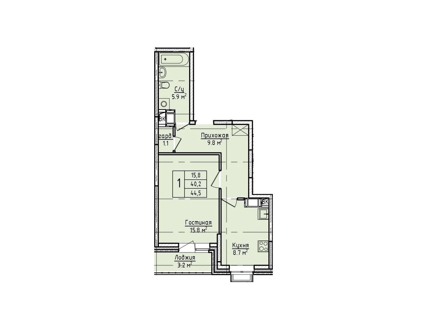 Планировка: 1-комн. квартира 44.50 м² в новостройке Пустовский