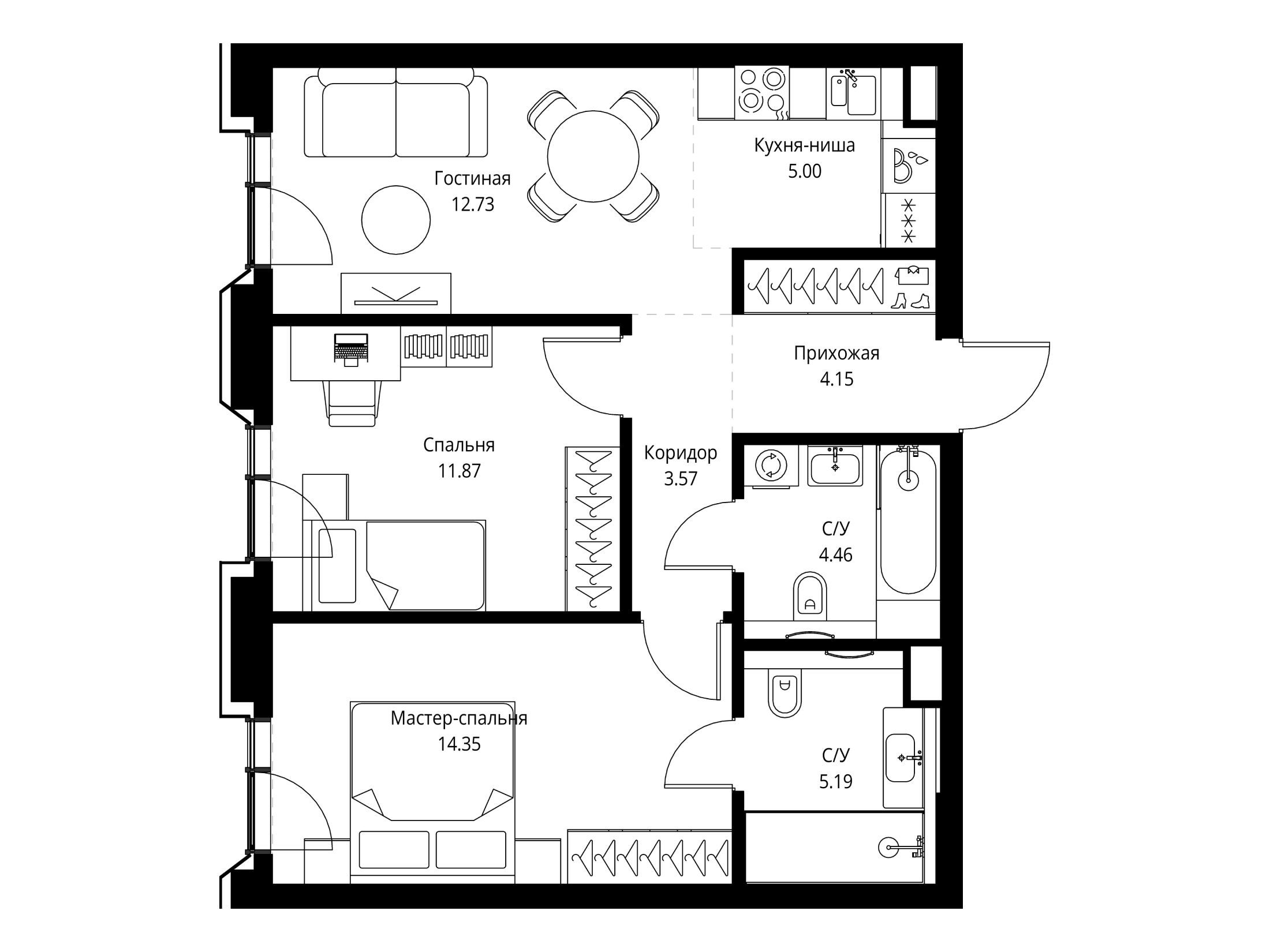 Планировка: 2-комн. квартира 61.32 м² в новостройке Мира