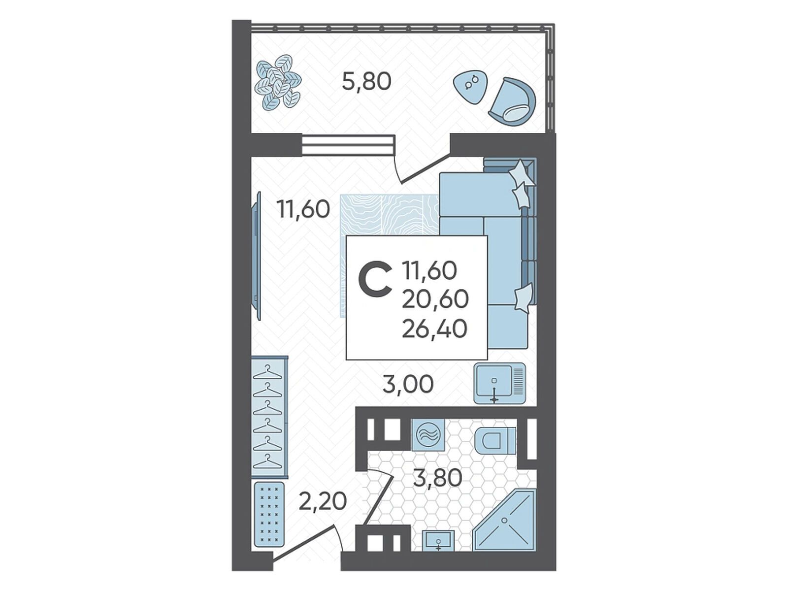 Планировка: Студия 26.40 м² в новостройке Горный квартал