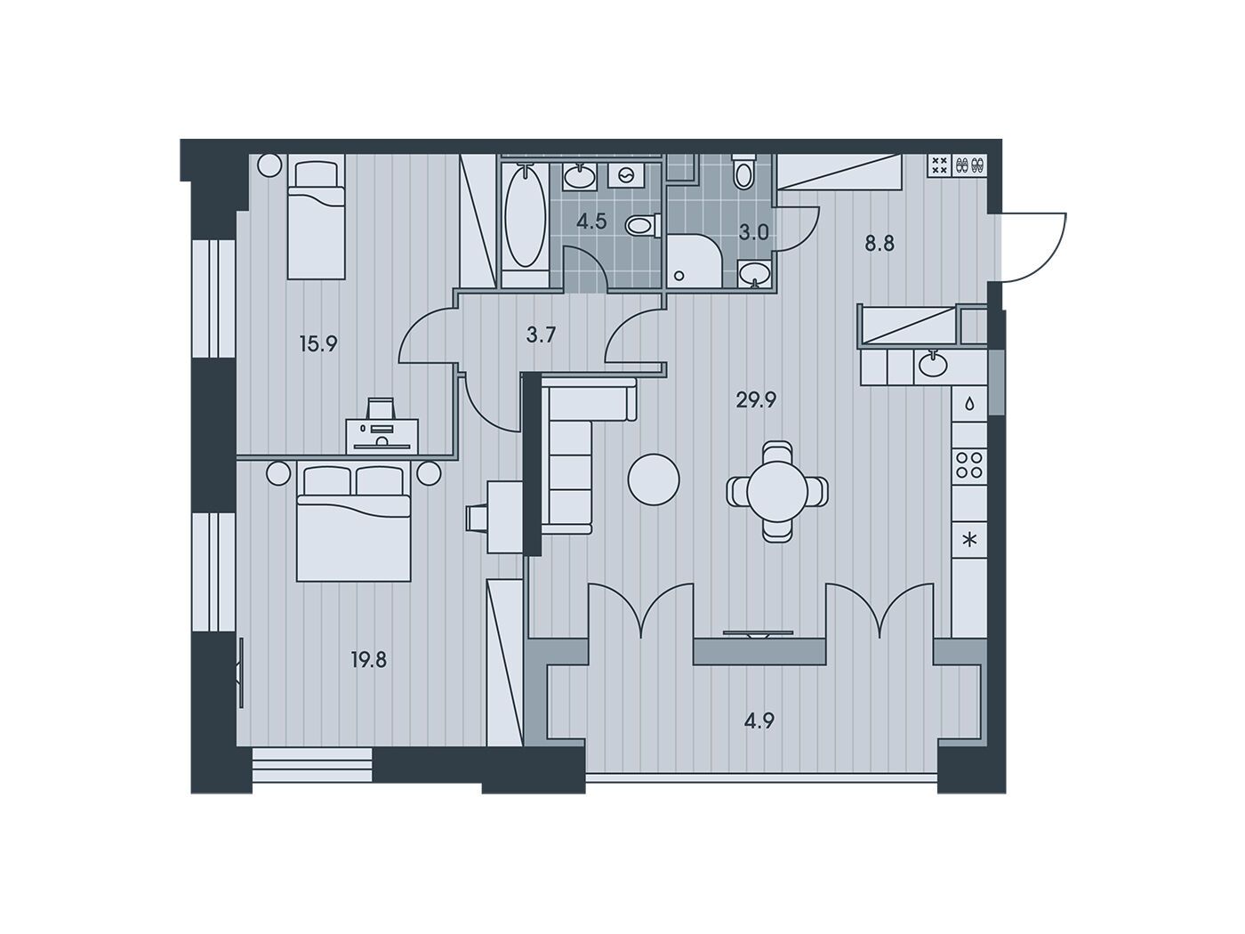 Планировка: 3-комн. квартира 90.70 м² в новостройке Эвер