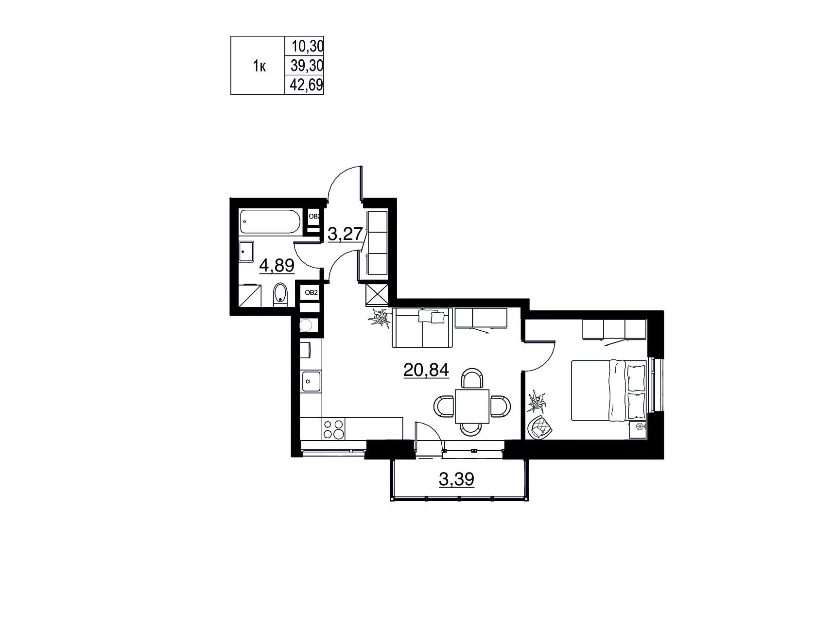 Планировка: 1-комн. квартира 42.69 м² в новостройке Соло.Петергоф