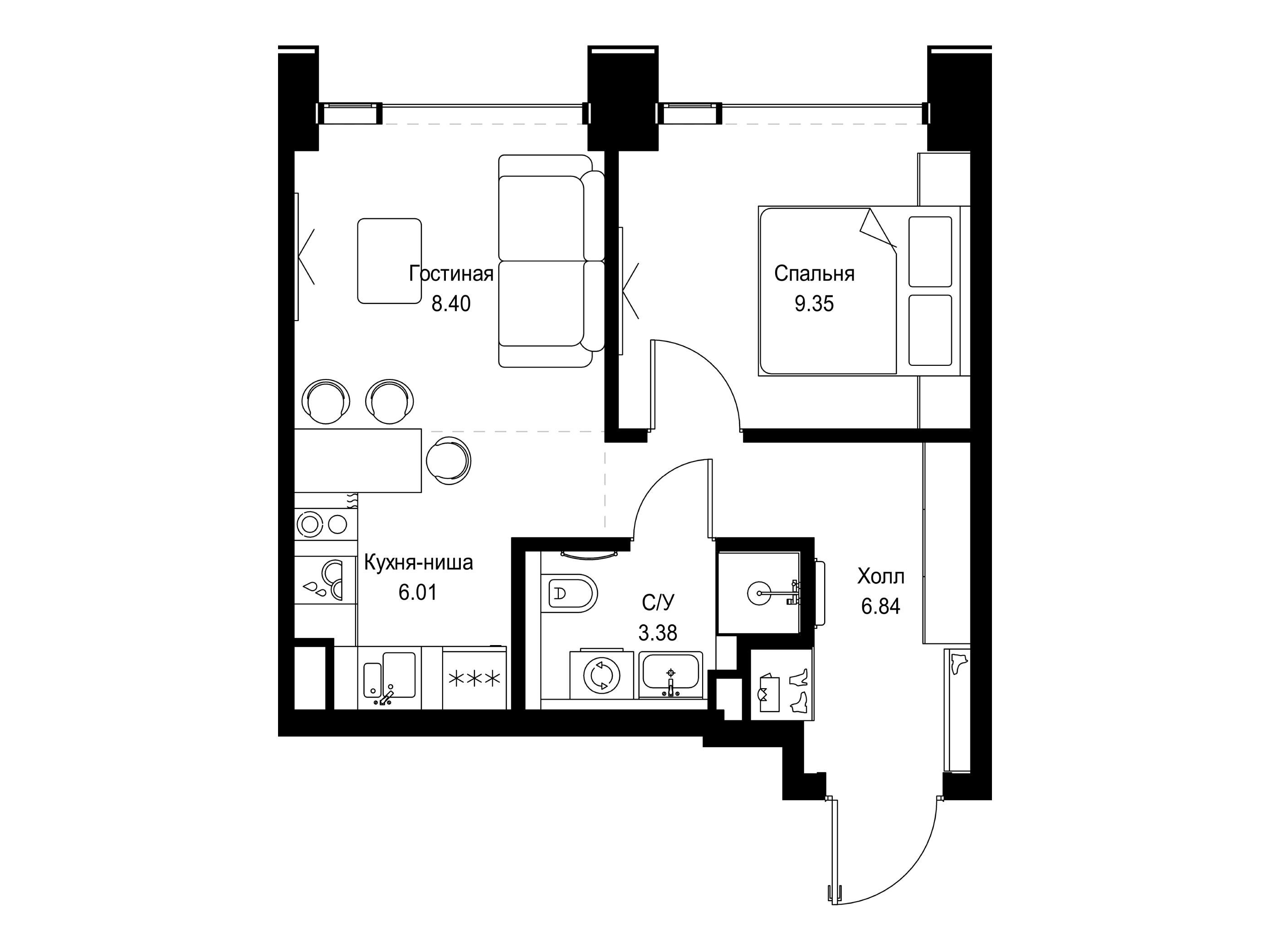 Планировка: 1-комн. квартира 33.98 м² в новостройке ЖК Сет