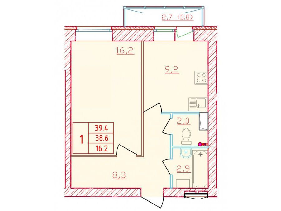 Планировка: 1-комн. квартира 39.40 м² в новостройке Новый мир