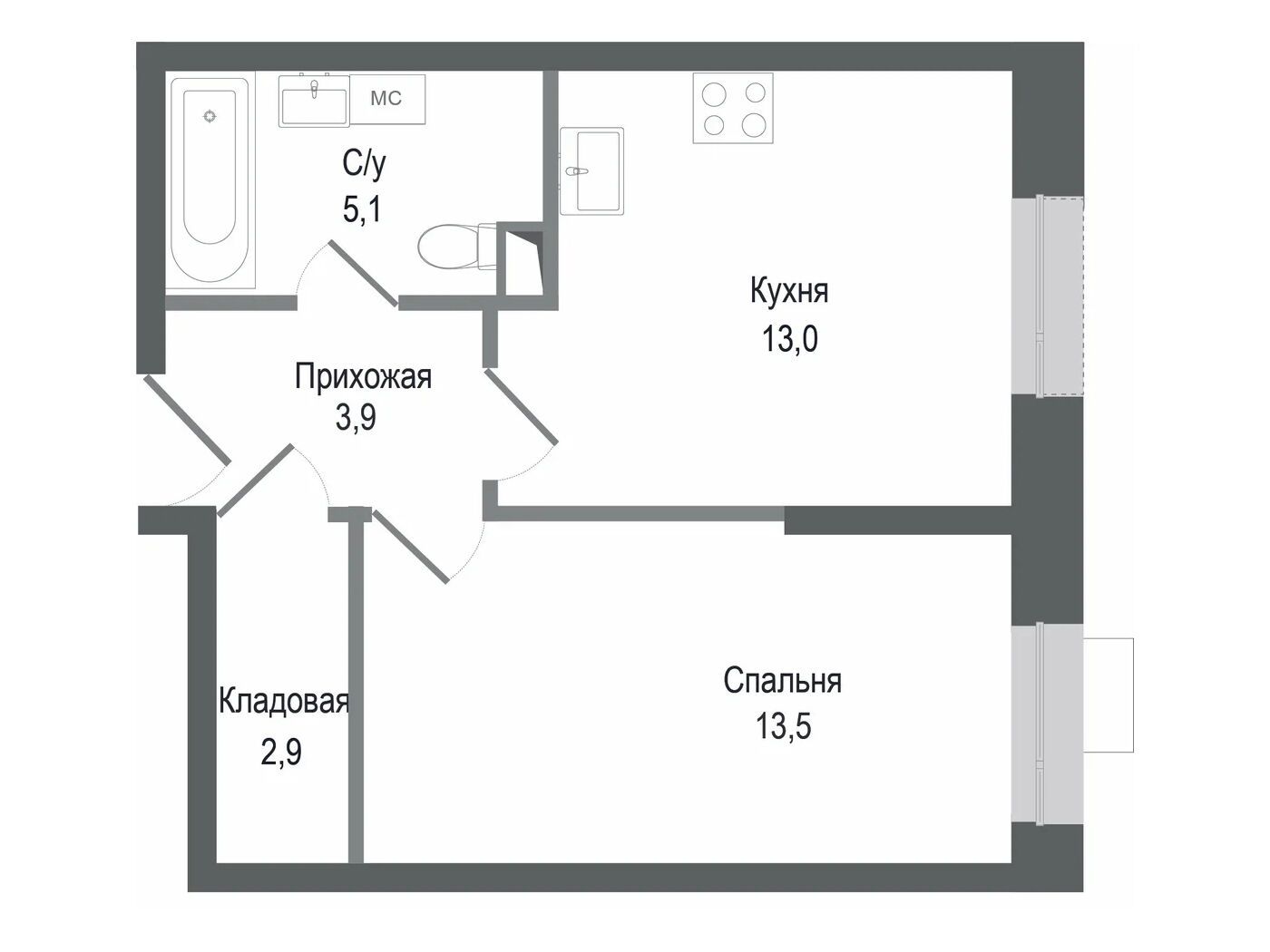 Планировка: 1-комн. квартира 38.40 м² в новостройке Киноквартал