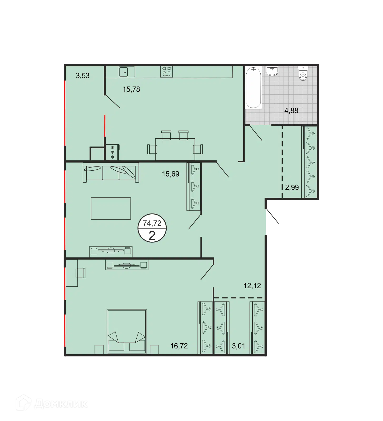 Планировка: 2-комн. квартира 74.72 м² в новостройке Дыхание