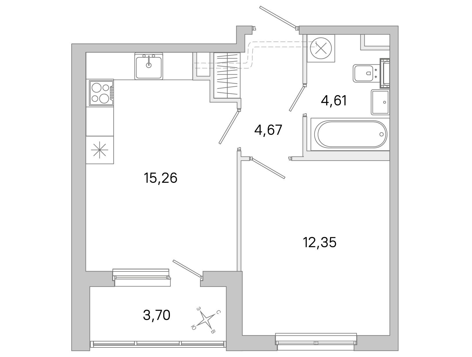 Планировка: 1-комн. квартира 36.89 м² в новостройке Югтаун
