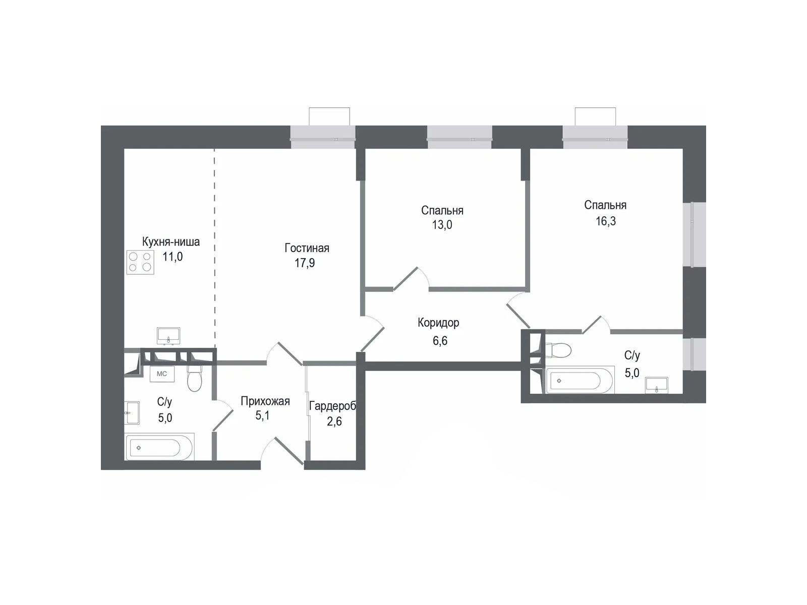 Планировка: 3-комн. квартира 82.50 м² в новостройке Киноквартал