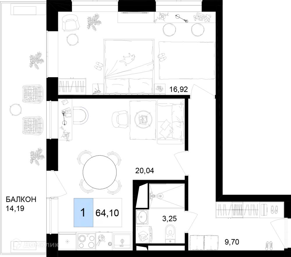 Планировка: 1-комн. квартира 64.10 м² в новостройке Корсаков