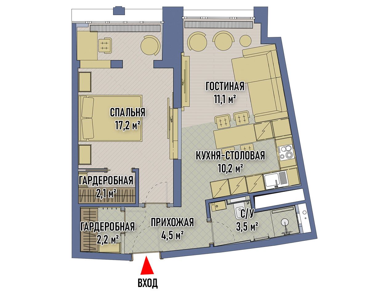 Планировка: 2-комн. квартира 50.48 м² в новостройке Маршал