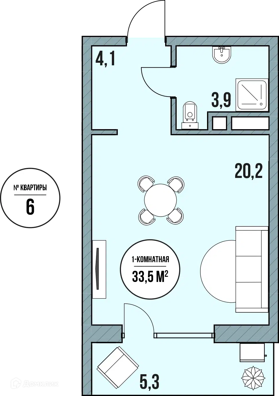 Планировка: Студия 33.50 м² в новостройке МореТут