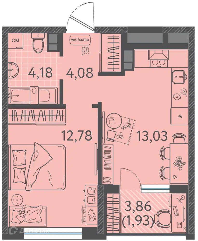Планировка: 1-комн. квартира 35.85 м² в новостройке Друзья