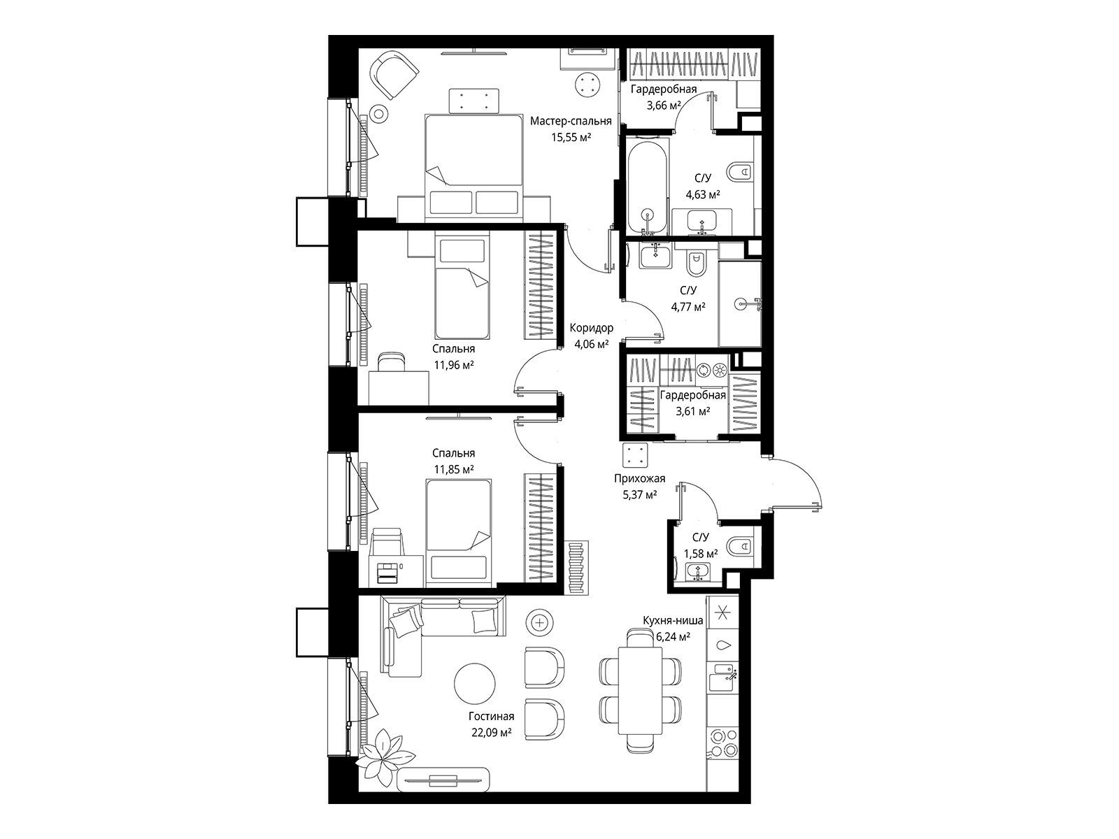 Планировка: 3-комн. квартира 95.37 м² в новостройке Мыс