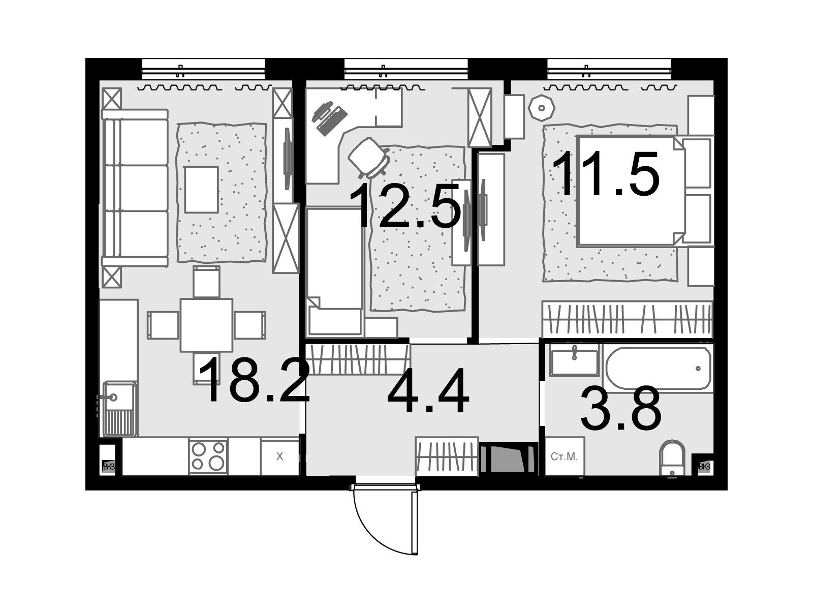 Планировка: 2-комн. квартира 53.70 м² в новостройке Малевич