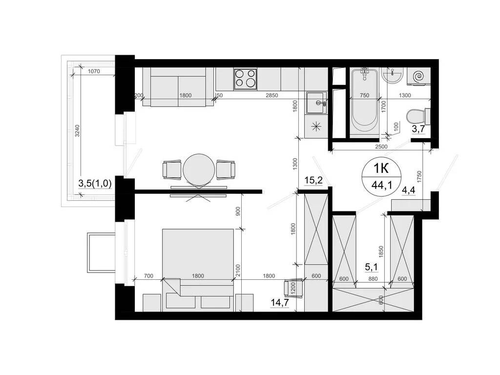 Планировка: 1-комн. квартира 43.70 м² в новостройке ЖК Одинцовские кварталы