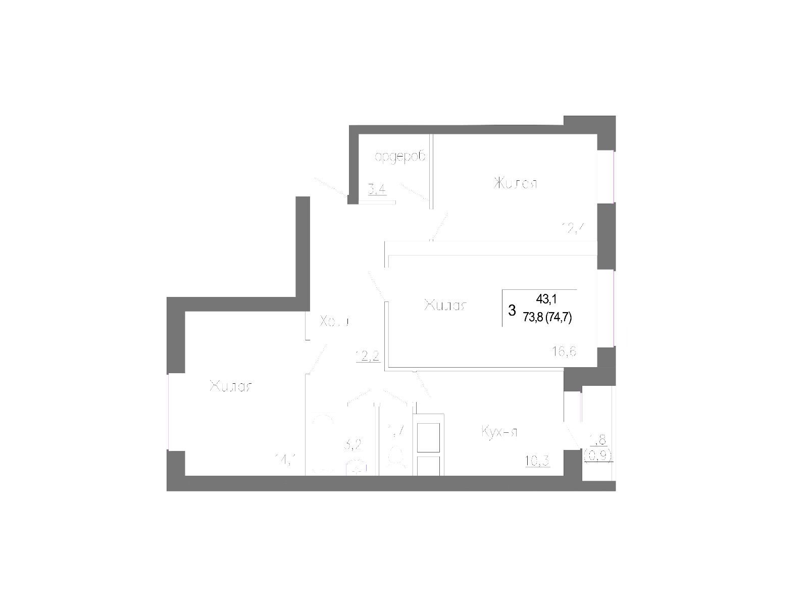 Планировка: 3-комн. квартира 75.40 м² в новостройке Новое Замитино