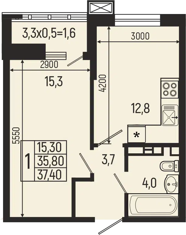 Планировка: 1-комн. квартира 37.40 м² в новостройке Звезды