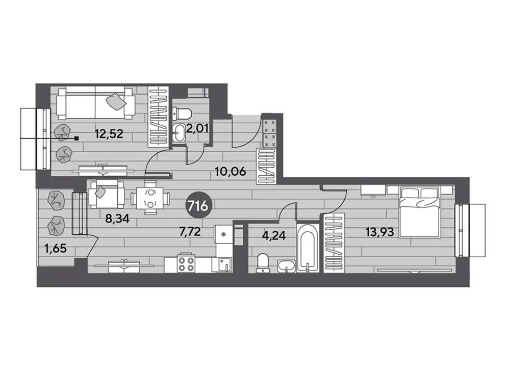 Планировка: 2-комн. квартира 60.47 м² в новостройке Публицист