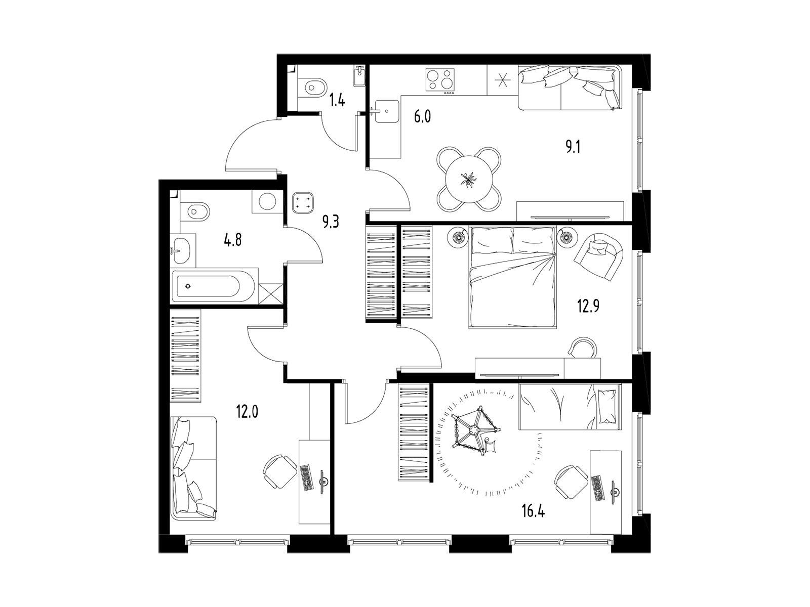 Планировка: 4-комн. квартира 71.90 м² в новостройке Сколково Уан