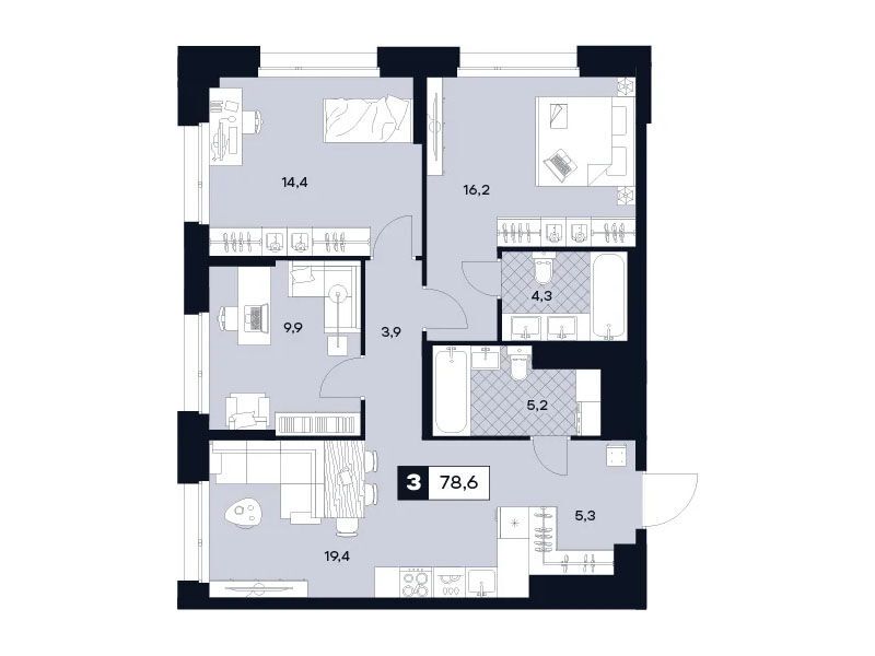 Планировка: 3-комнатная квартира 78.60 м² в новостройке ЖК Юту