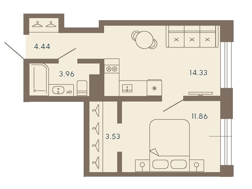 Планировка: 1-комн. квартира 38.12 м² в новостройке 17/33 Петровский остров