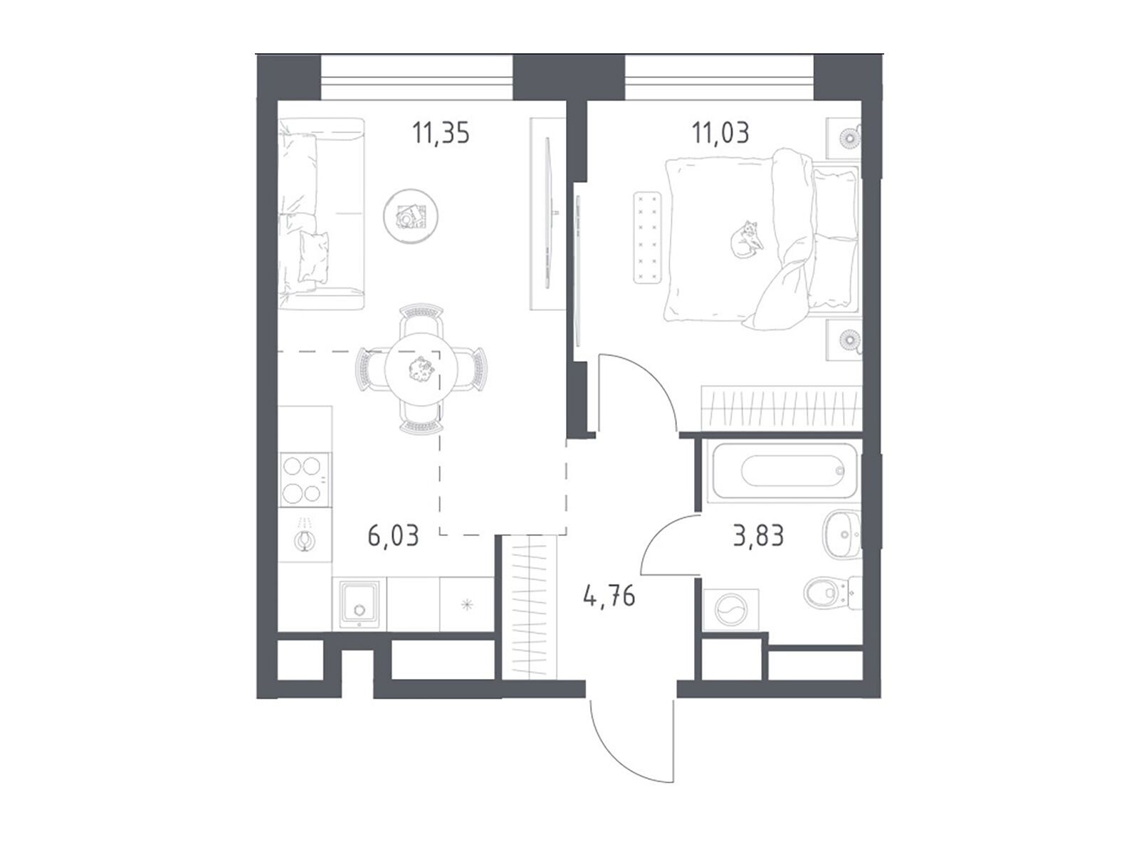 Планировка: 1-комн. квартира 36.80 м² в новостройке Новоград Павлино