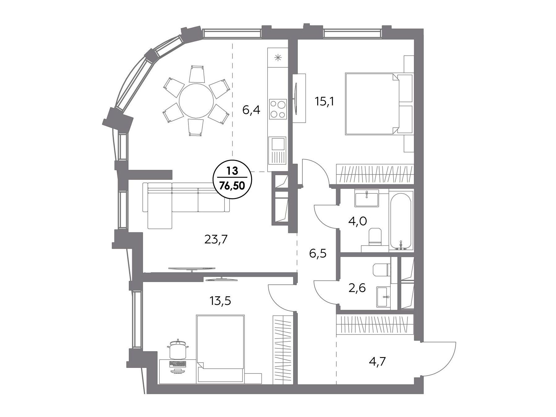 Планировка: 2-комн. квартира 76.50 м² в новостройке ЖК Дом 56