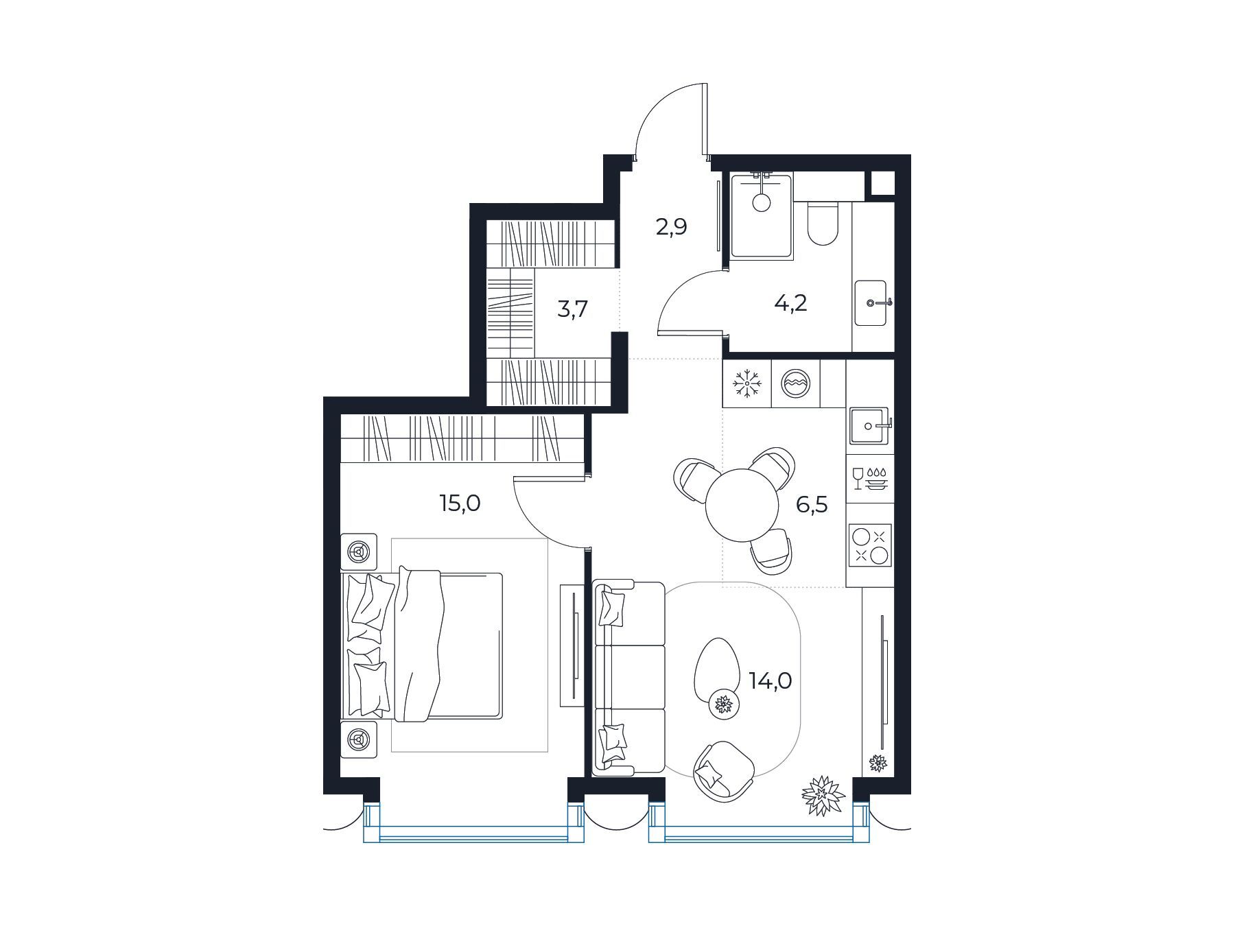 Планировка: 1-комн. квартира 46.30 м² в новостройке Мастерс
