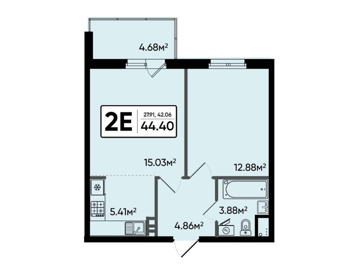 Планировка: 2-комн. квартира 44.40 м² в новостройке Северный Квартал