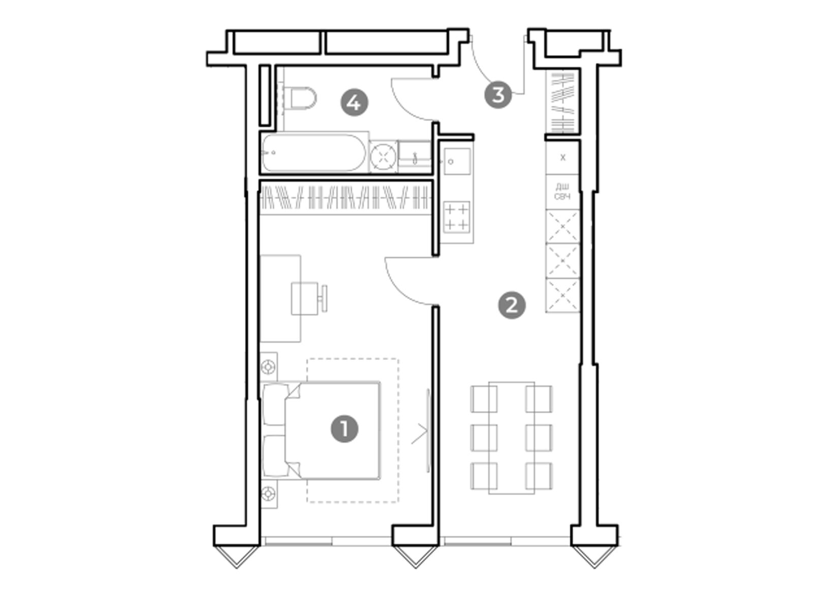 Планировка: 1-комн. квартира 44.90 м² в новостройке Наметкин Тауэр